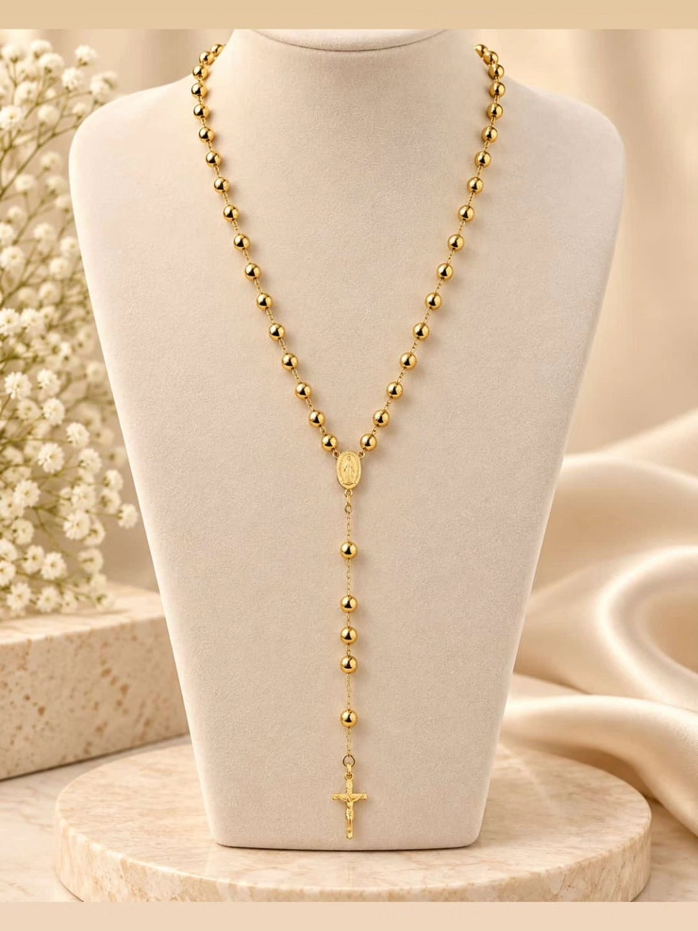 Gold-Plated Stainless Steel Rosary Necklace